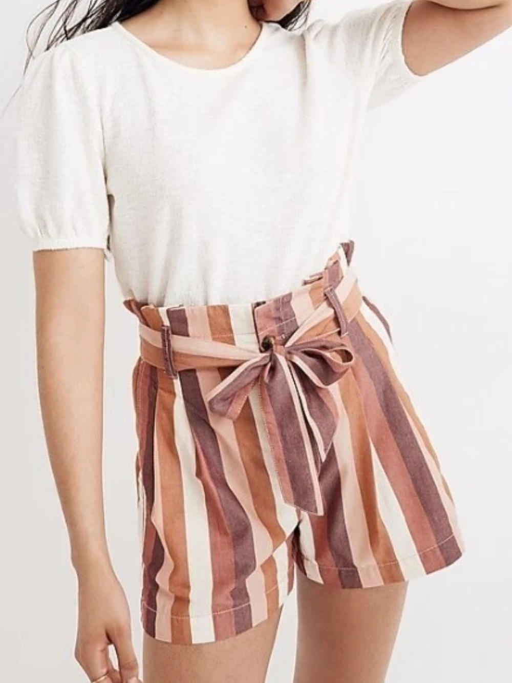 Madewell Pink Burgundy Stripe Linen Blend Paperbag Shorts Tie Waist Pockets Sz 8